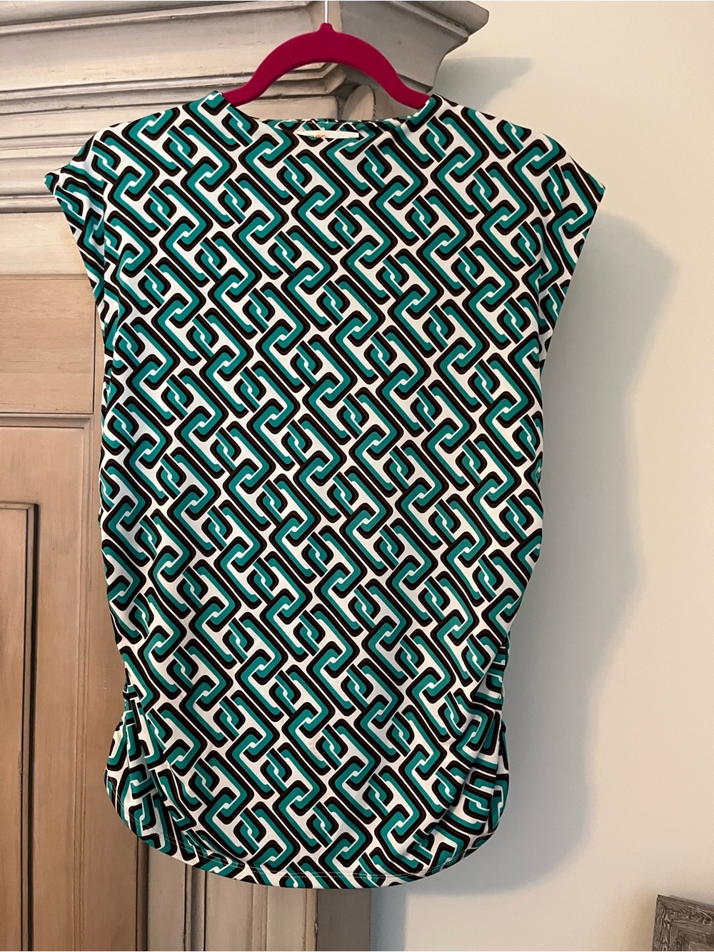 Geometric Cap-Sleeve Top in Teal, Black & White